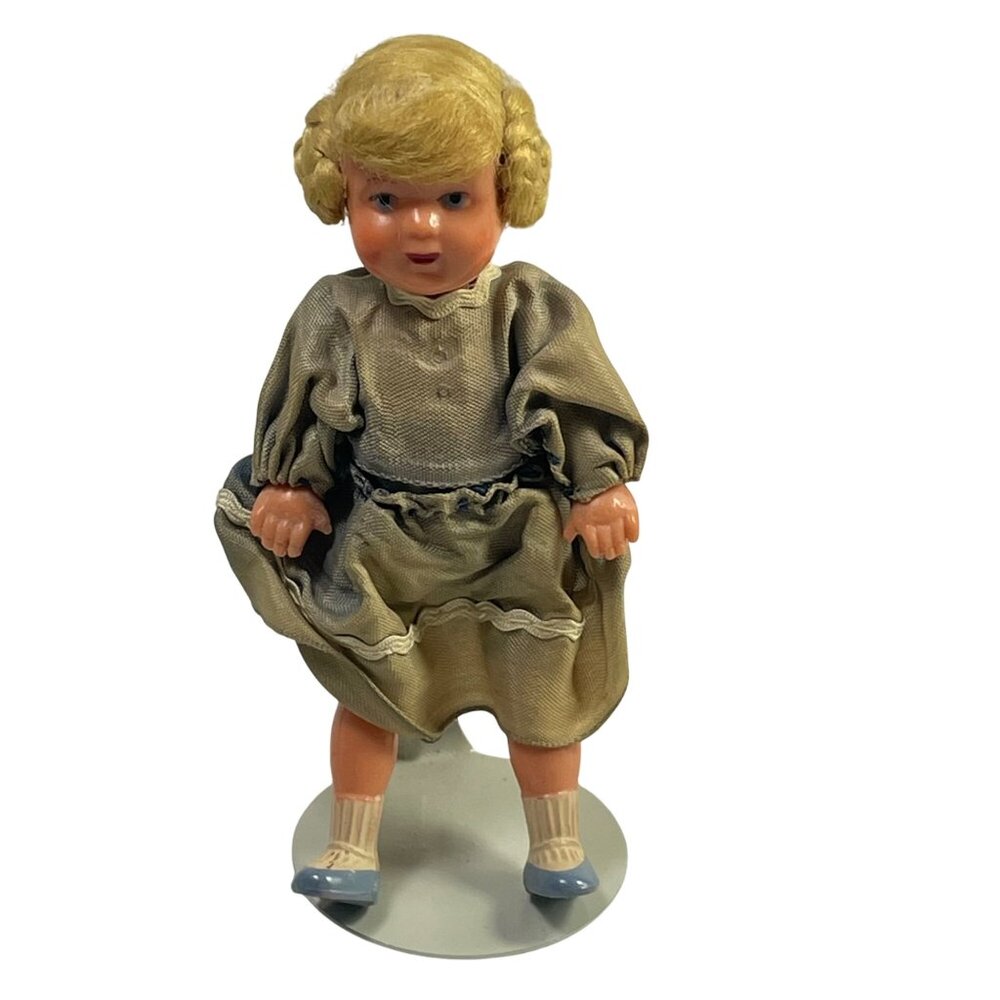 Vintage Blonde Composition Doll In Original Outfit With Blue Shoes & Stand